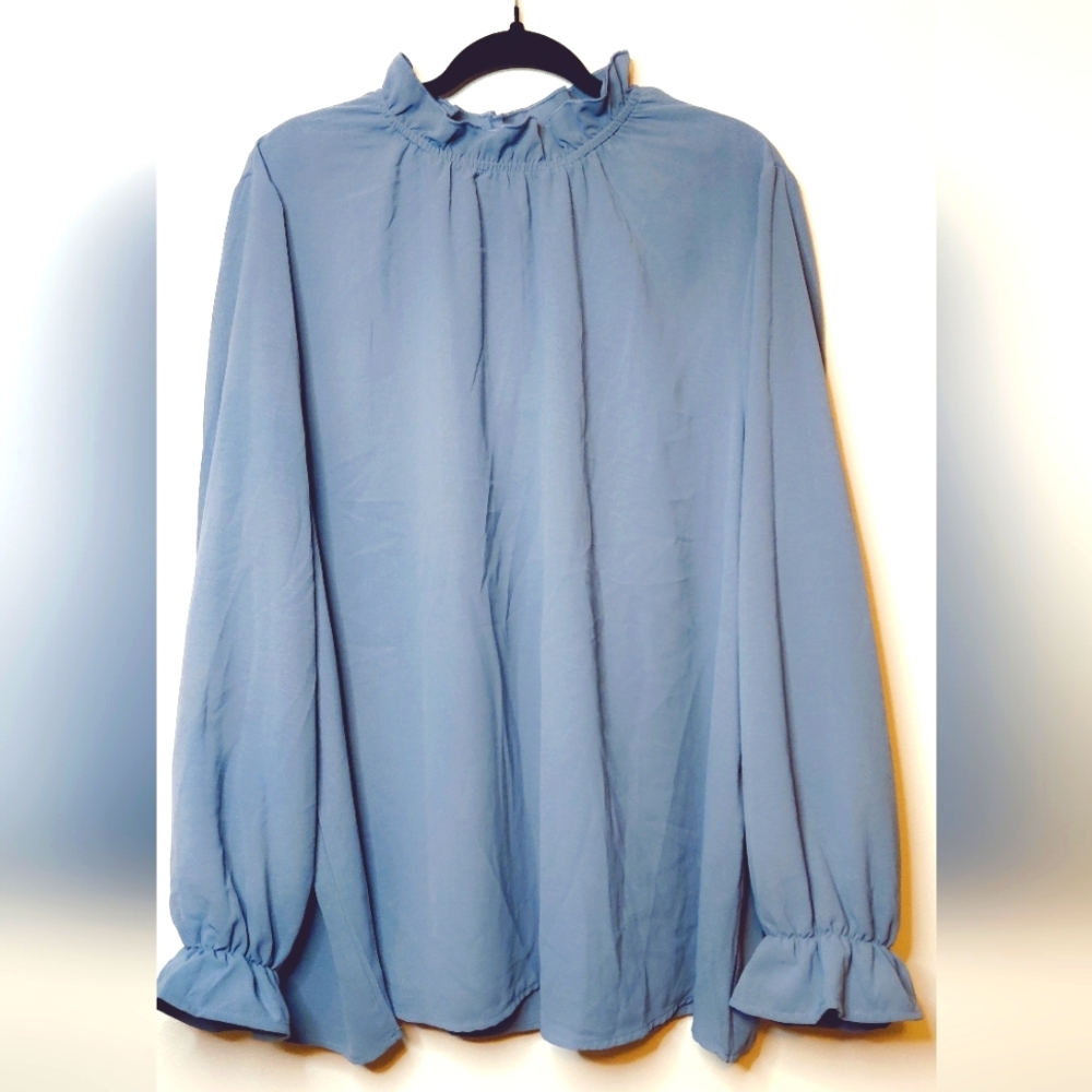NWT Bloomchic Plain Lantern Sleeve Ruffle Trim Mock Neck Blue Blouse Size 22-24